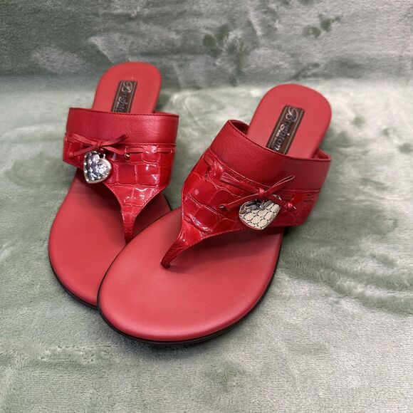 Brighton Red Embossed Leather Thong Wedge Sandals Womens Sz 8 Bow Silver Heart - Picture 1 of 8